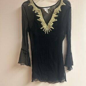 Vintage Z.B.D. Design 90s Flared Sleeve Black and Gold Sheer Silk Slip Blouse